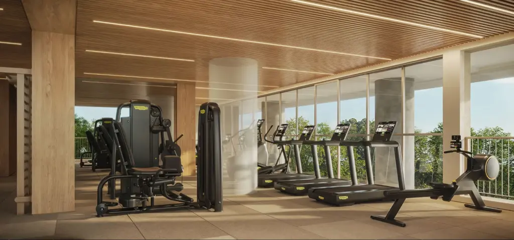 Academia de 180 m² do ETERNO Alma Brasileira com aeróbico, musculação e funcional. Perspectiva artística