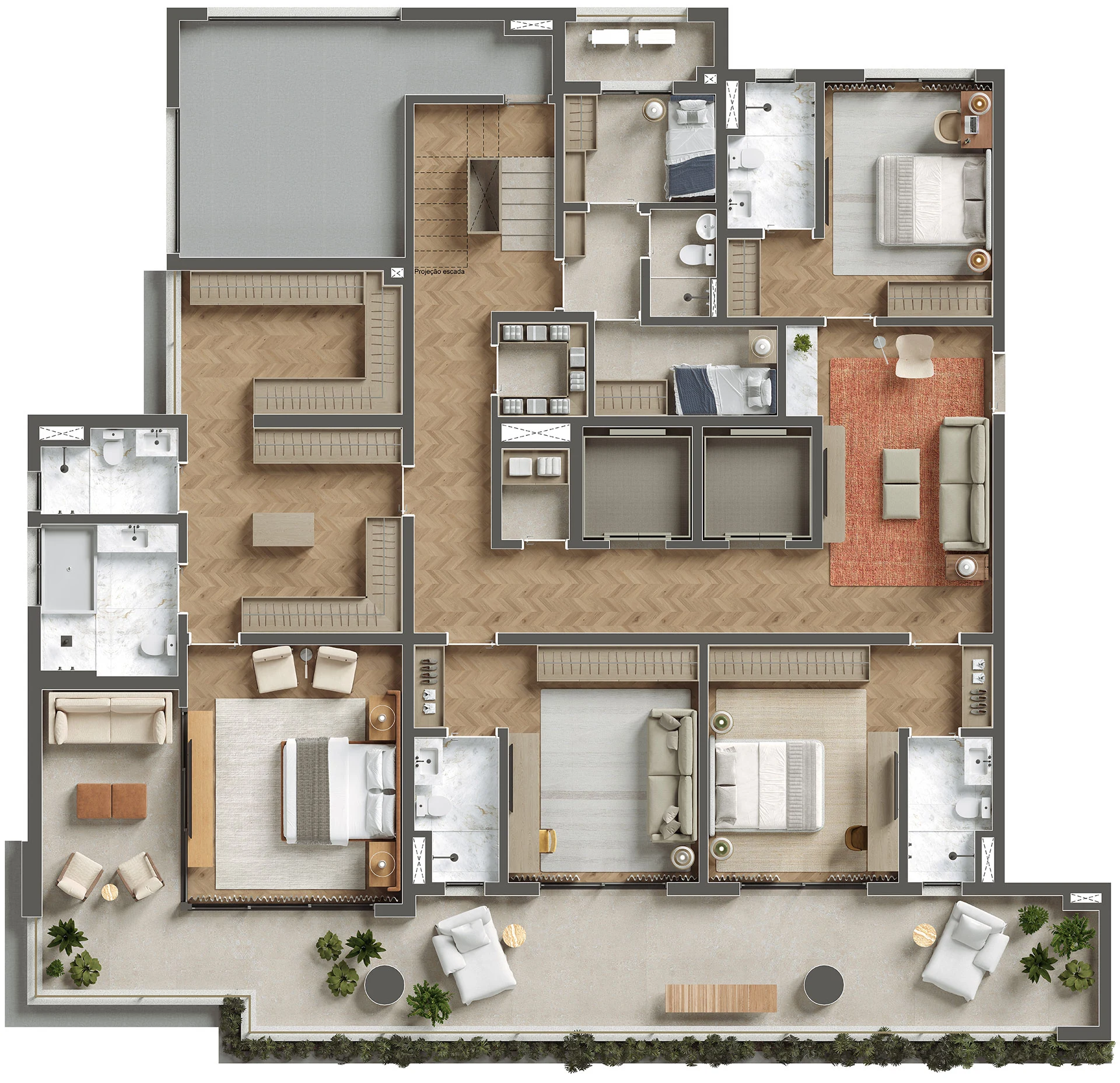 Planta do piso inferior da cobertura duplex de 588 m² do ETERNO Alma Brasileira. Planta ilustrativa
