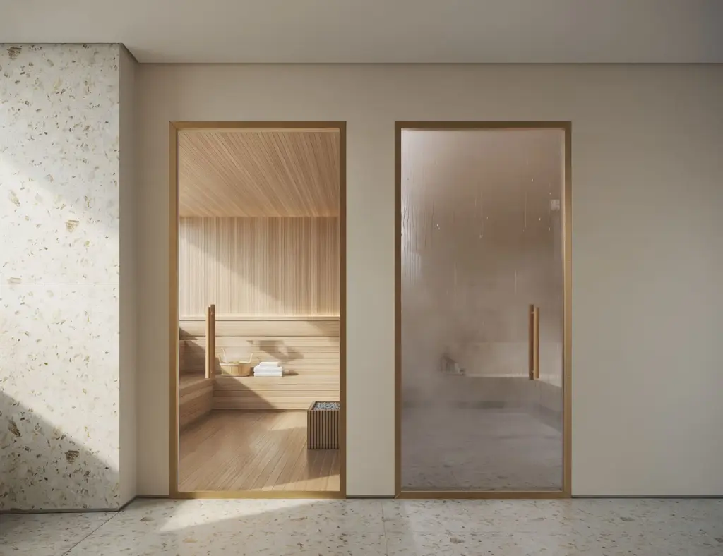 Saunas seca e úmida do espaço bem-estar do ETERNO Alma Brasileira. Perspectiva artística