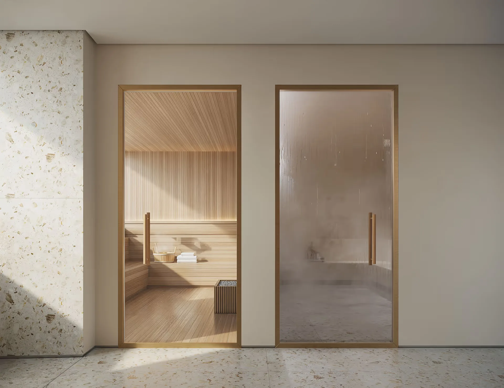 Saunas seca e úmida do espaço bem-estar do ETERNO Alma Brasileira. Perspectiva artística