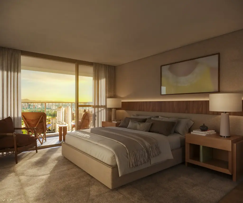 Suíte principal do apartamento de 300 m² do ETERNO Alma Brasileira. Perspectiva artística